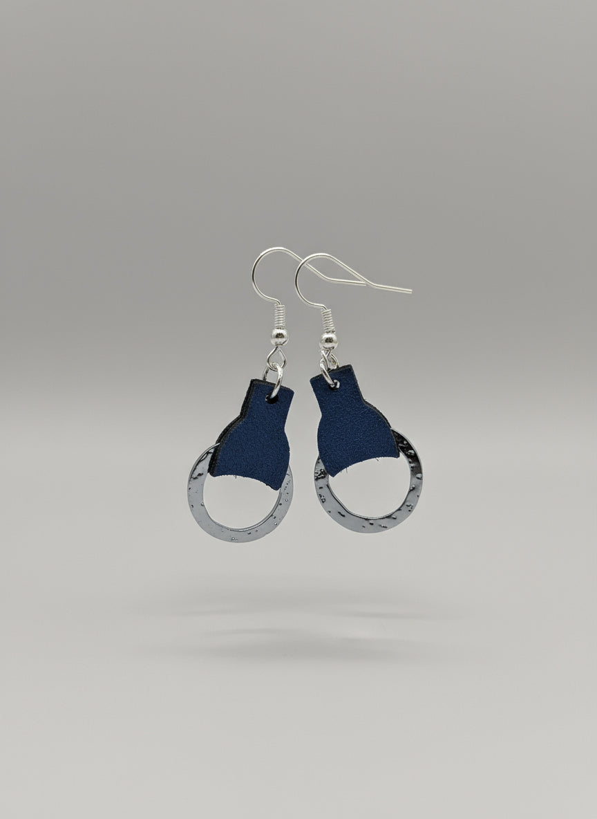 Blue leather gun metal beveled earrings