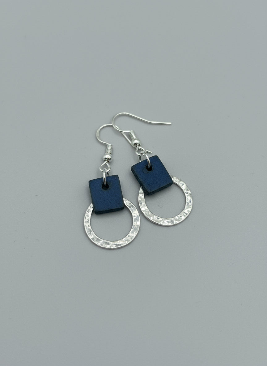 Blue leather earring with silver beveled circle