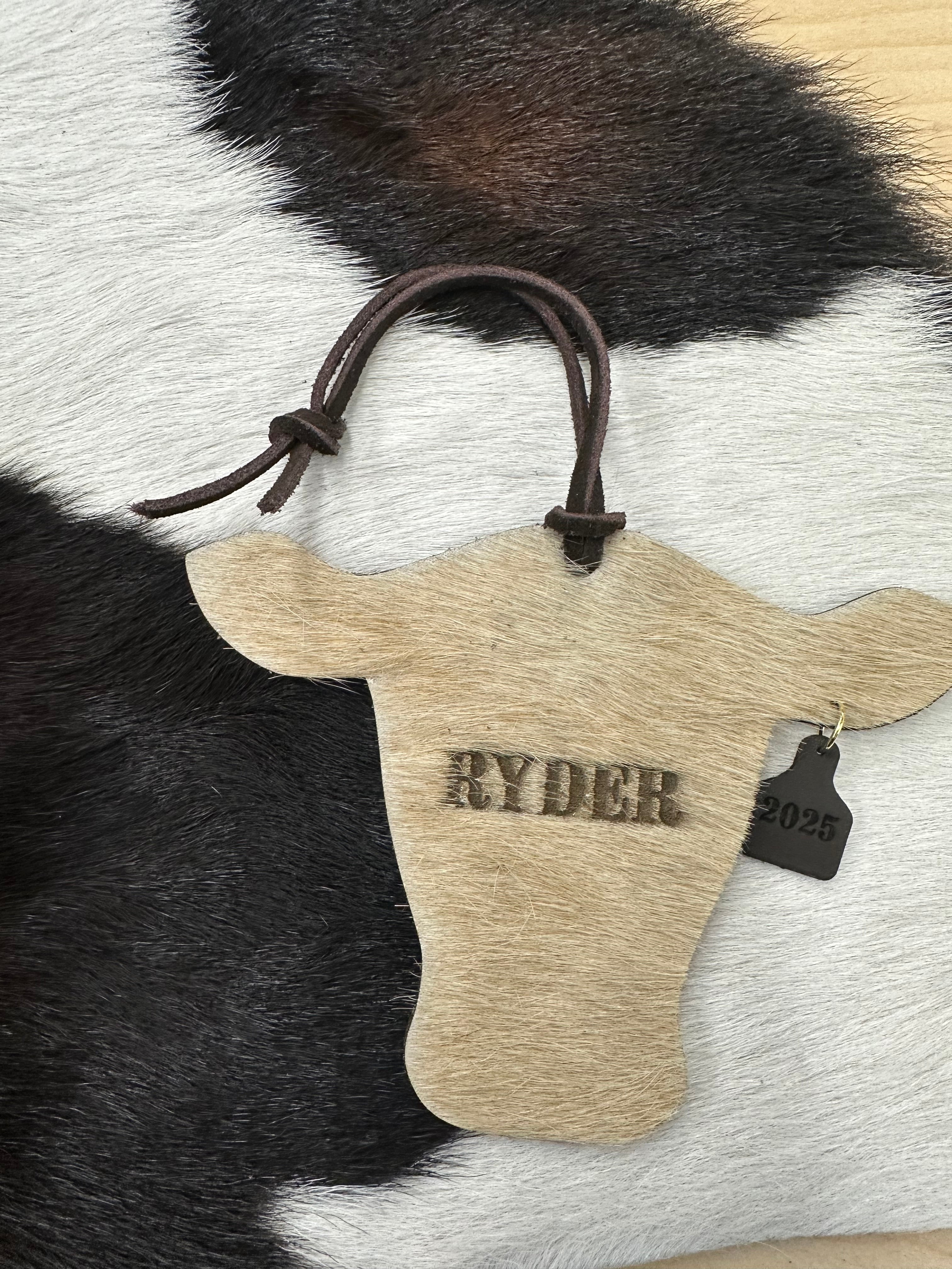 Cowhide Engraved Cow Ornament 2025 - Western Ranch Christmas Decor - Cattle Tag Gift - Rustic Farmhouse Holiday Keepsake