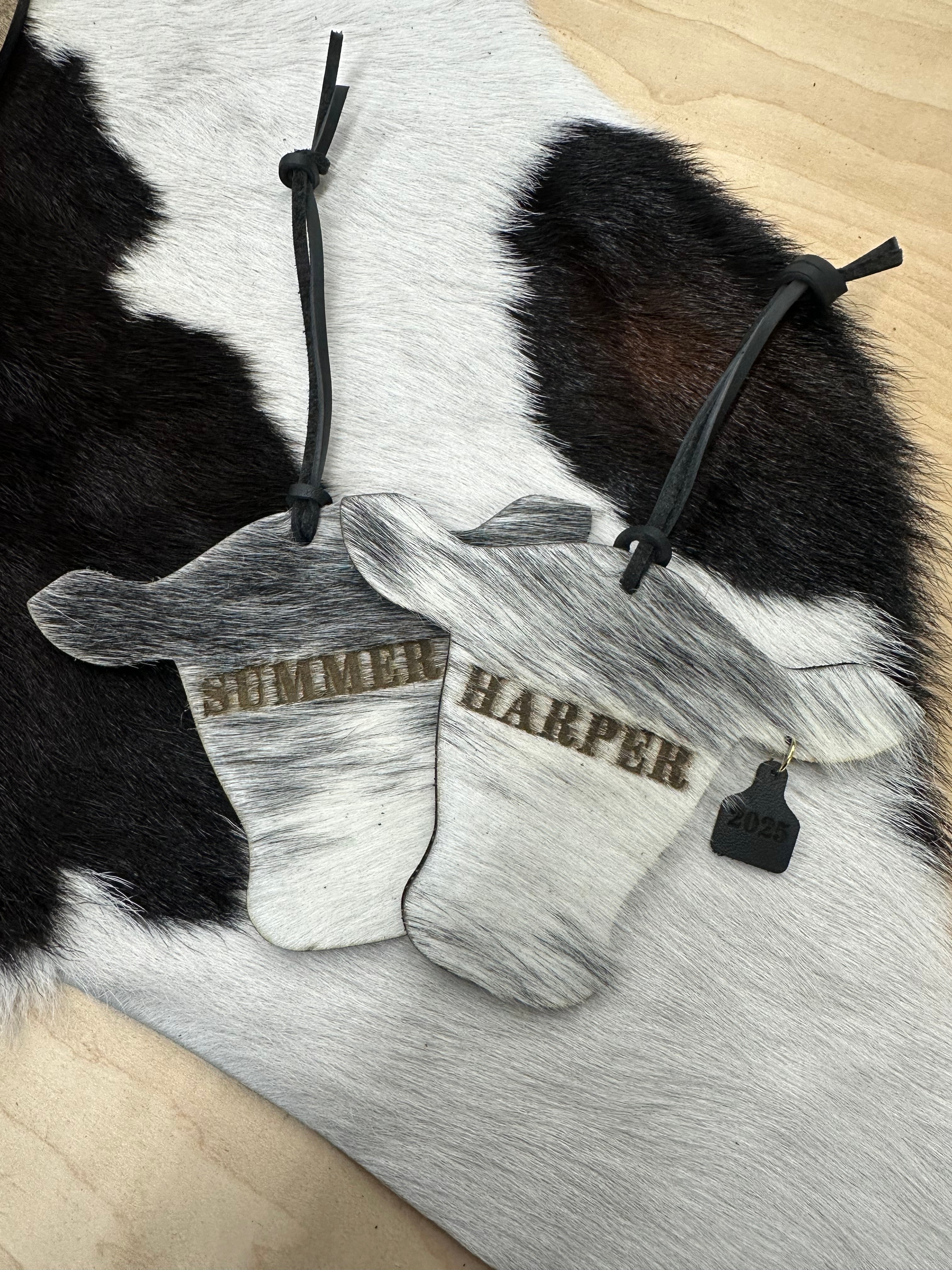 Cowhide Engraved Cow Ornament 2025 - Western Ranch Christmas Decor - Cattle Tag Gift - Rustic Farmhouse Holiday Keepsake