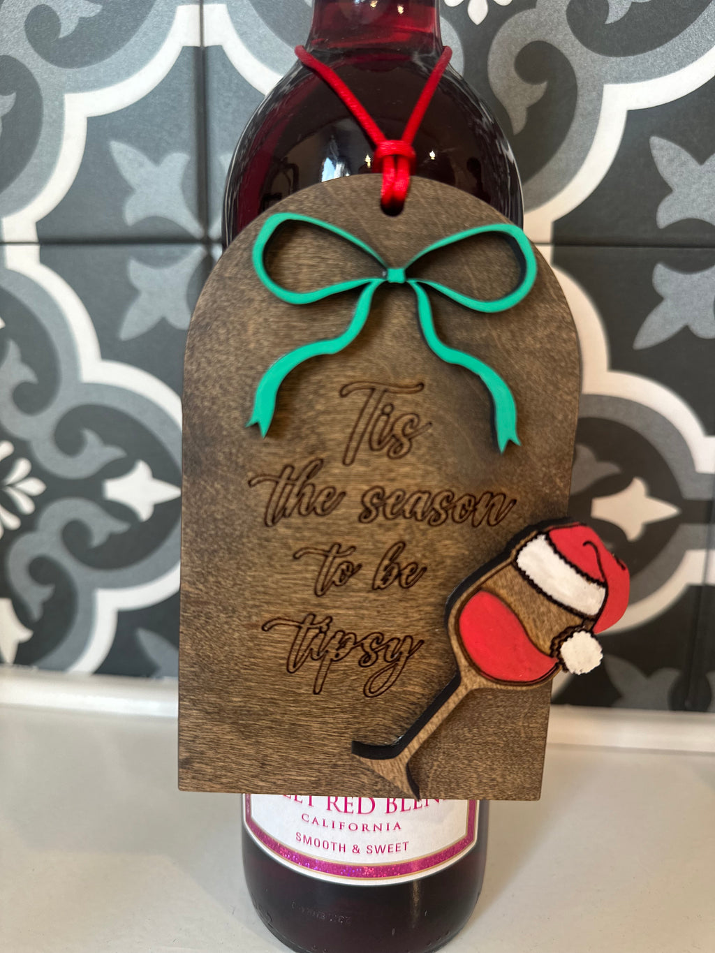 Tis the Season to be Tipsy Wine Ornament - Funny Christmas Gift for Wine Lovers - Layered Wood Decor - Hostess Gift Idea