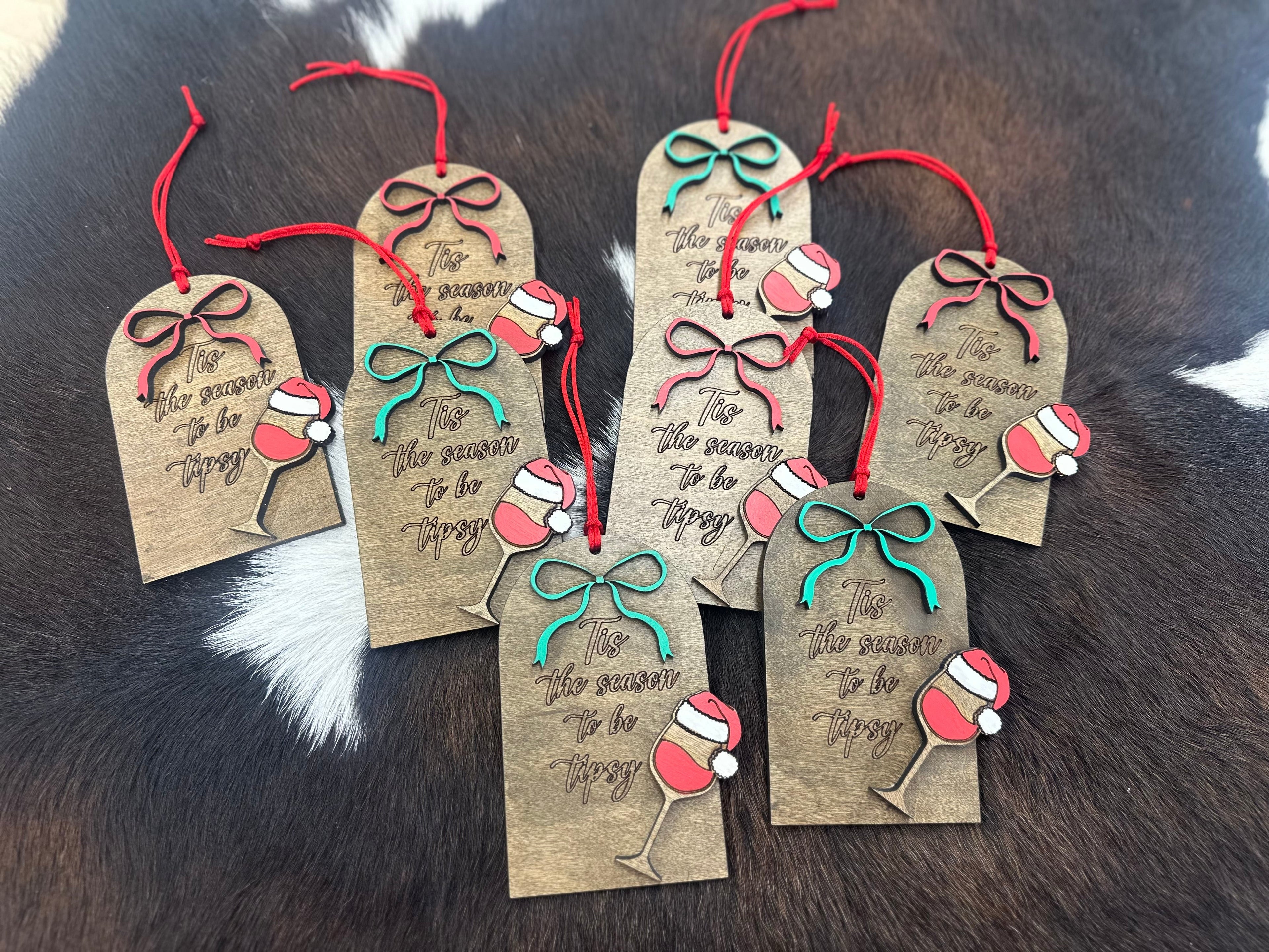 Tis the Season to be Tipsy Wine Ornament - Funny Christmas Gift for Wine Lovers - Layered Wood Decor - Hostess Gift Idea