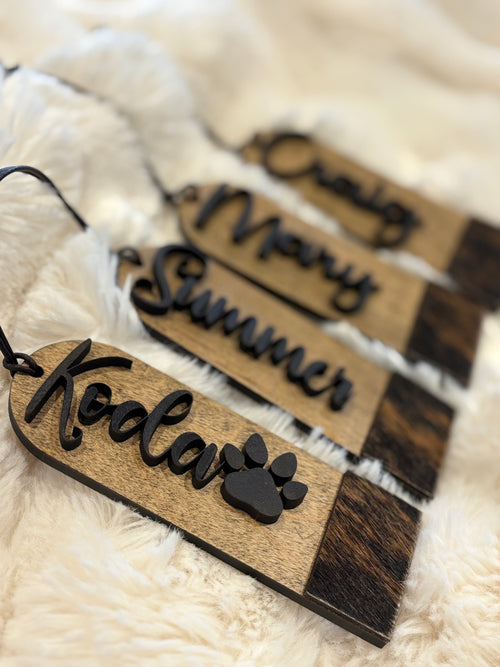 Custom Cowhide Stocking Tags Perfect for Western Christmas Decor, Holiday Gift Wrapping and Rustic Ornament Displays