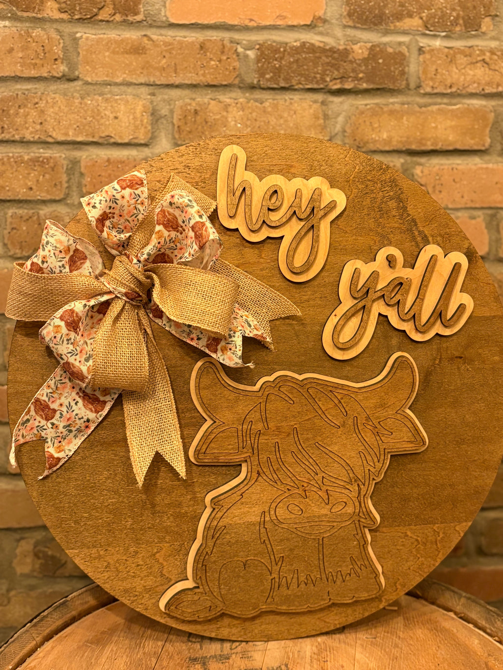 Highland Cow Round Sign - Rustic Farmhouse Layered Wall Art