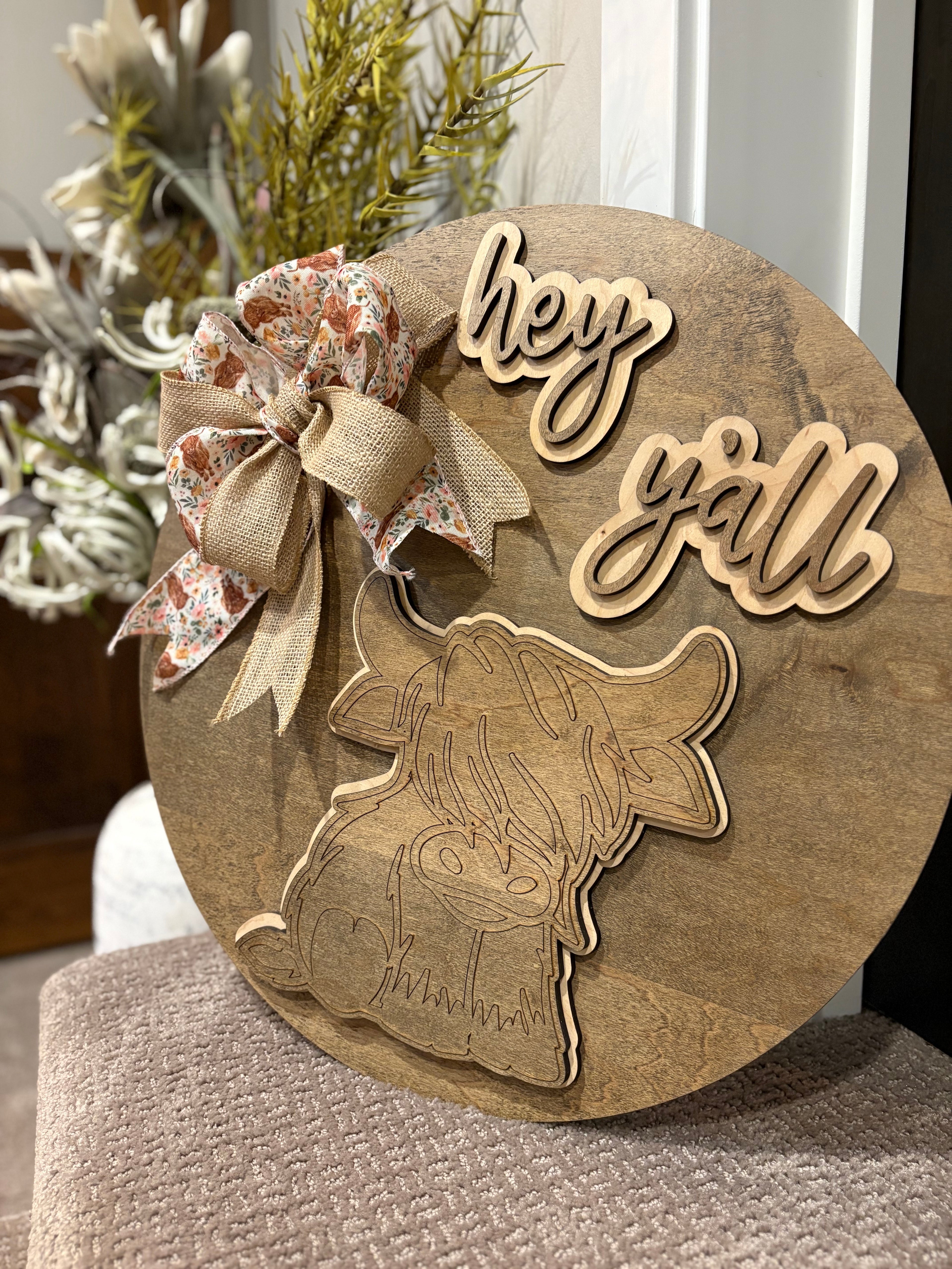 Highland Cow Round Sign - Rustic Farmhouse Layered Wall Art