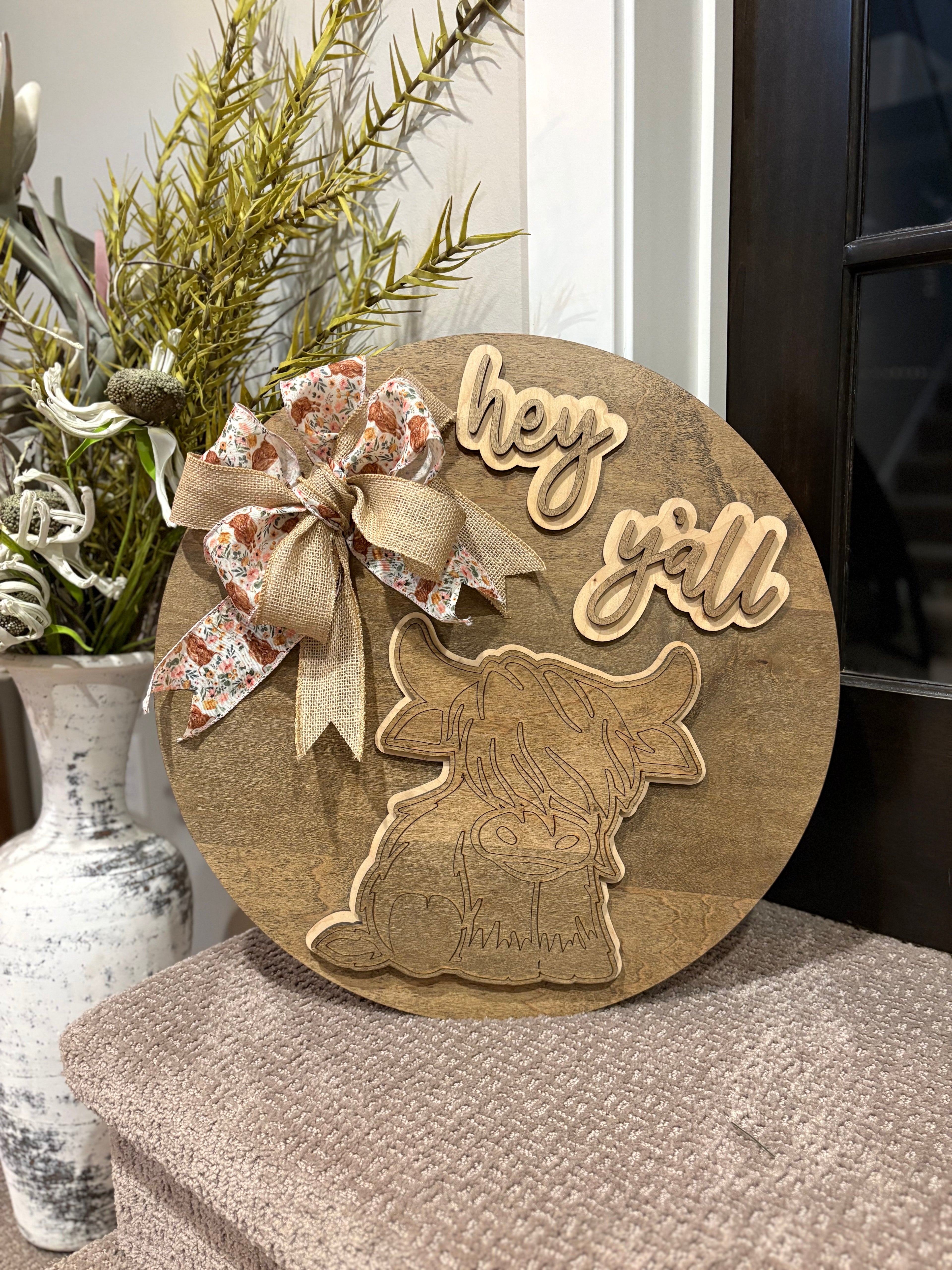 Highland Cow Round Sign - Rustic Farmhouse Layered Wall Art