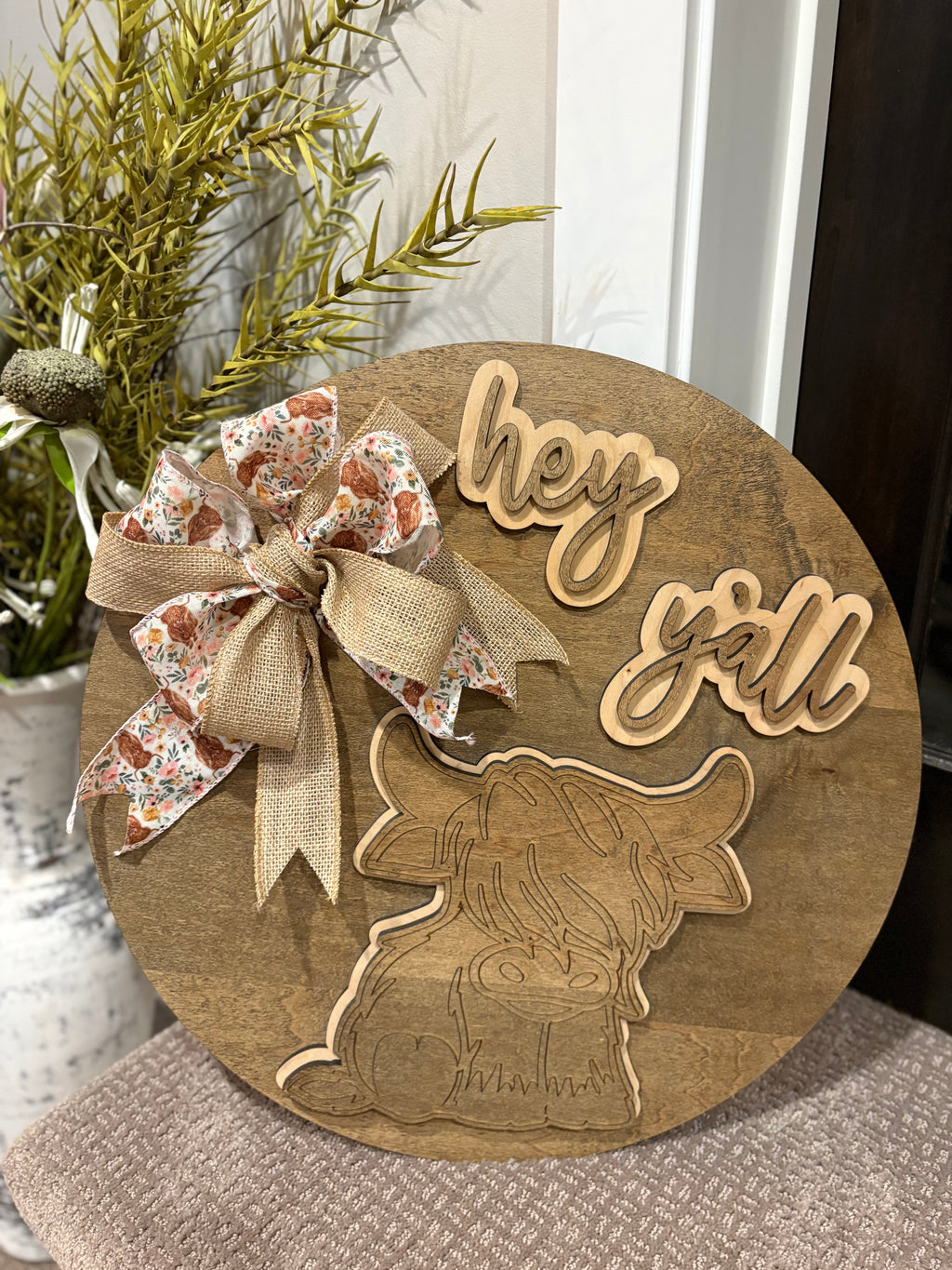 Highland Cow Round Sign - Rustic Farmhouse Layered Wall Art