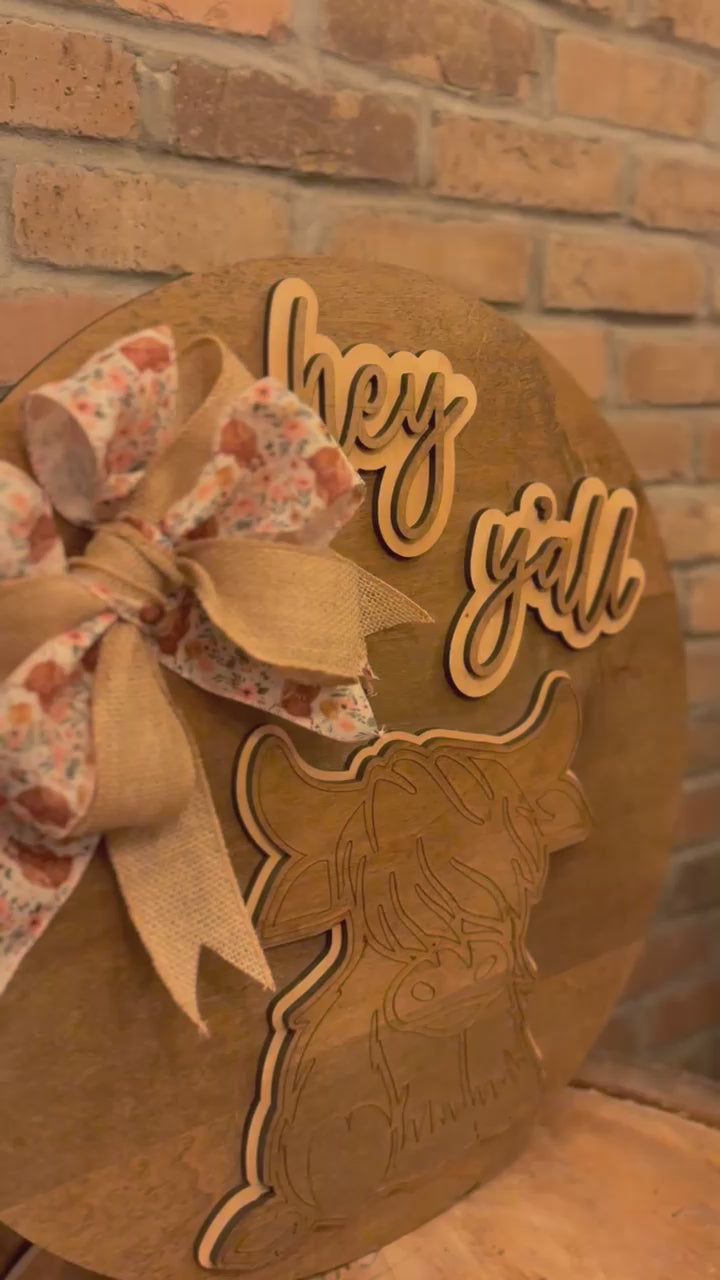 Highland Cow Round Sign - Rustic Farmhouse Layered Wall Art