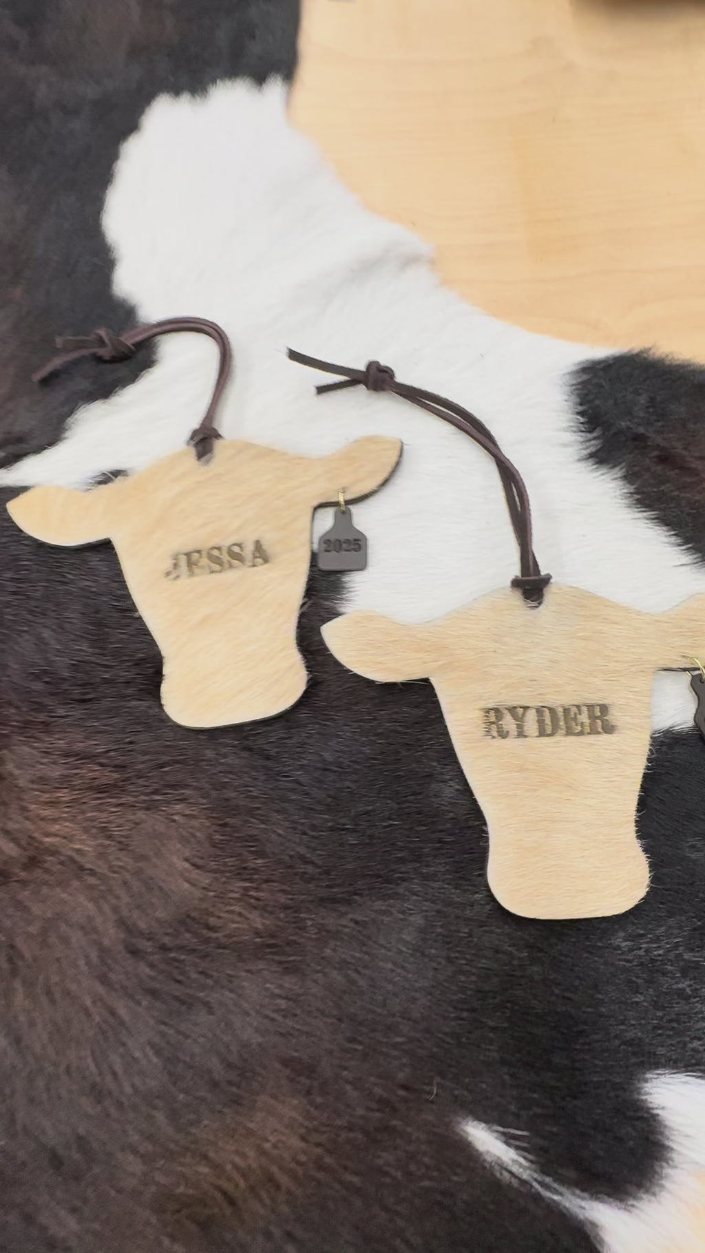 Cowhide Engraved Cow Ornament 2025 - Western Ranch Christmas Decor - Cattle Tag Gift - Rustic Farmhouse Holiday Keepsake