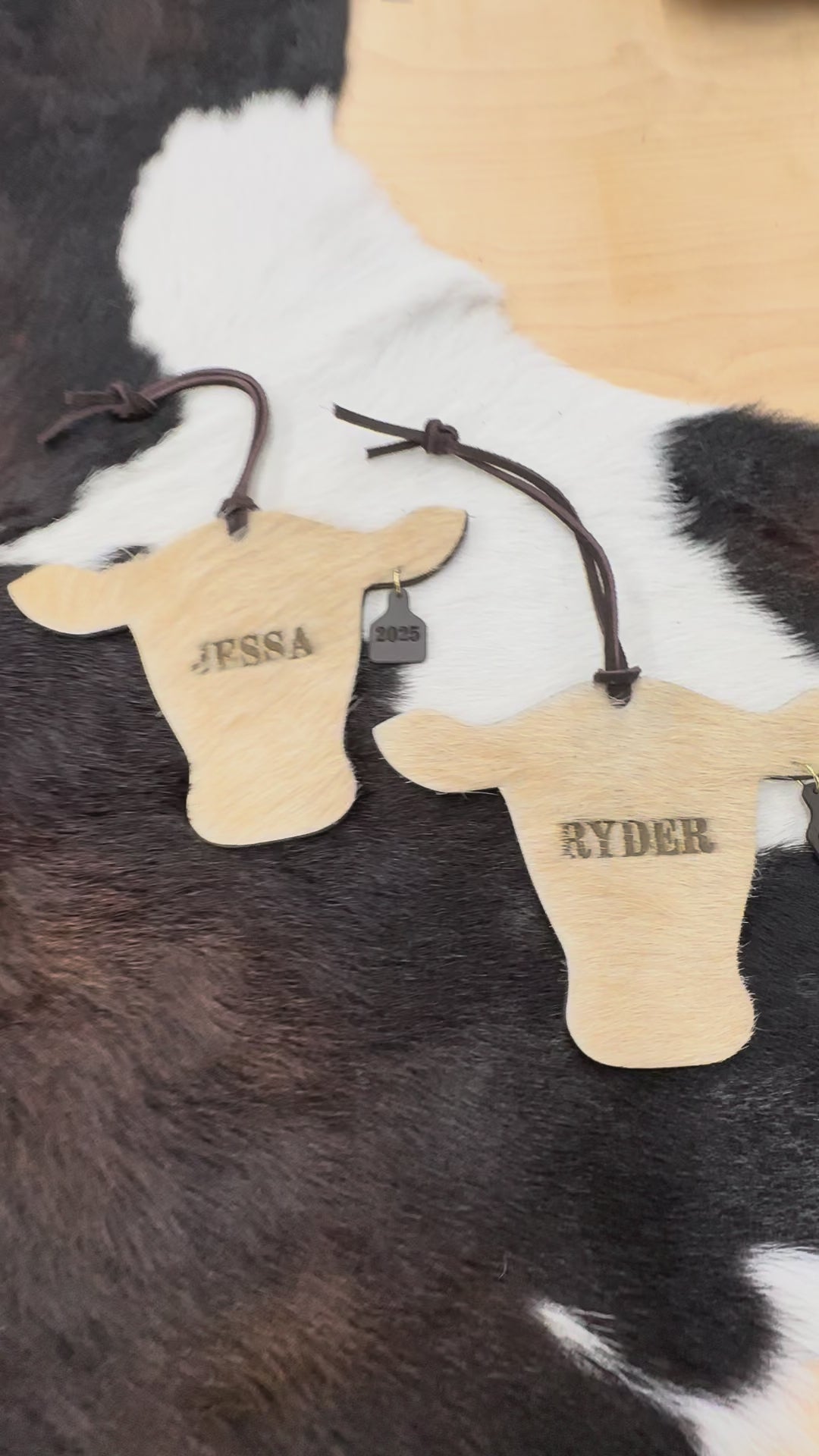 Cowhide Engraved Cow Ornament 2025 - Western Ranch Christmas Decor - Cattle Tag Gift - Rustic Farmhouse Holiday Keepsake